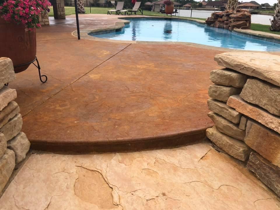 back patio stained concrete installed in Roseville, Desert tan